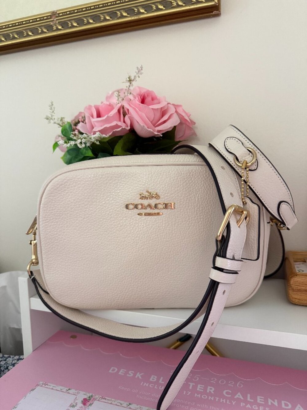 Coach Cream Pebbled Leather Crossbody Bag with Gold Hardware